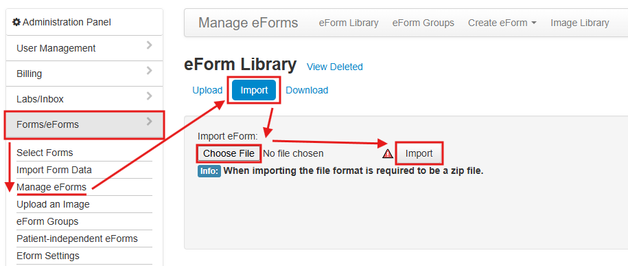 Steps to import an eForm in OSCAR: Administration, Forms/eForms, Manage eForms, Import, Choose File, Import